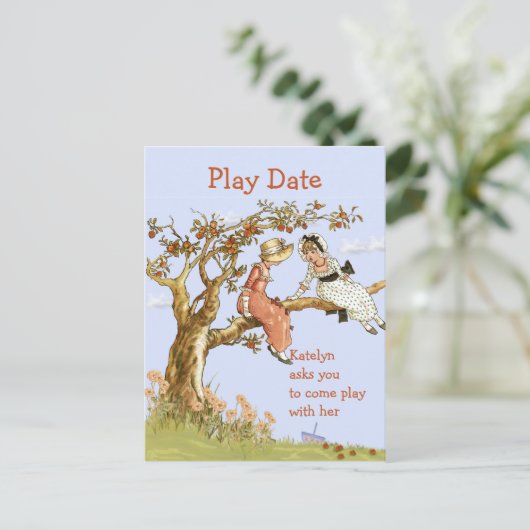 女の子の演劇の日付の招待状の甘いヴィンテージの女の子 インビテーションポストカード (スタンド正面)