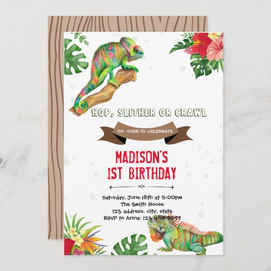 女の子の爬虫類誕生日の招待 招待状 (正面/裏面)