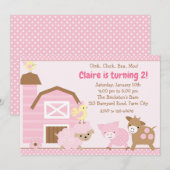 女の子の牧場の誕生日招待状 - パステルピンク 招待状 (正面/裏面)