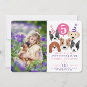 女の子の犬およびピンクの気球の写真の誕生日の招待 招待状 (正面)