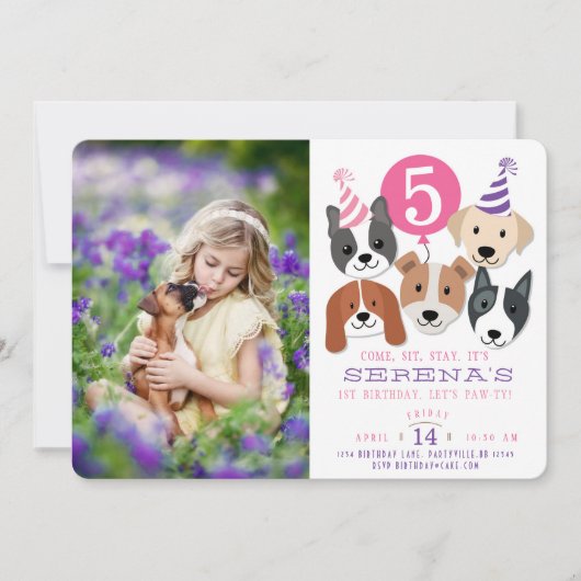 女の子の犬およびピンクの気球の写真の誕生日の招待 招待状 (正面)