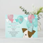 女の子の犬をテーマにした誕生日パーティーティール(緑がかった色)ピンクのバルーン 招待状 (スタンド正面)