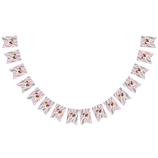 女の子の犬をテーマにした誕生日ピンクのグレーの波状のストライプ バンティングフラッグ (全)