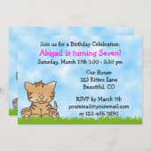 女の子の猫の誕生日パーティー招待状 招待状 (正面/裏面)