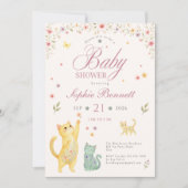女の子の猫 フラワー ベビーシャワー 招待状 (正面)