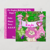 女の子の猿を持つピンクの誕生日のジャングルの招待状 招待状 (正面/裏面)