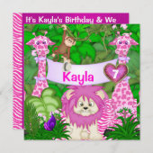 女の子の猿を持つ第7誕生日のジャングルの招待状 招待状 (正面/裏面)
