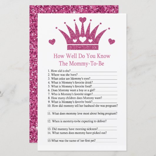 女の子の王冠あなたは赤ちゃんシャワーゲームをどれだけ知っているか (正面/裏面)