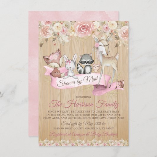 女の子の甘いウッドランド仮想ベビーシャワーbyメール 招待状 (正面/裏面)