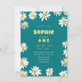 女の子の甘いデイジー 黄色 ティール ファースト バースデー 招待状 (正面)