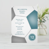 女の子の男の子スポーツティール(緑がかった色)グレイのサッカー誕生日パーティー 招待状 (スタンド正面)