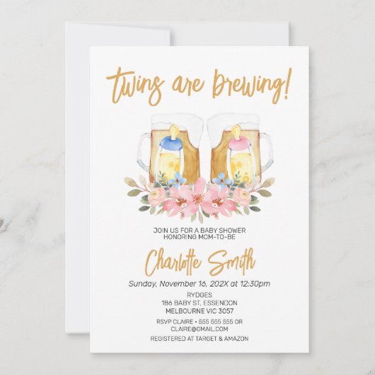 女の子の男の子ツインズベビーは赤ちゃんシャワーを醸造している 招待状 (正面)