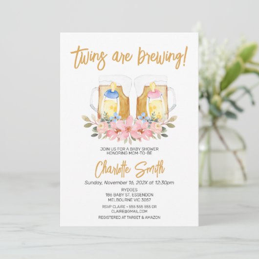 女の子の男の子ツインズベビーは赤ちゃんシャワーを醸造している 招待状 (スタンド正面)