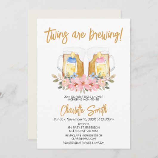 女の子の男の子ツインズベビーは赤ちゃんシャワーを醸造している 招待状 (正面/裏面)