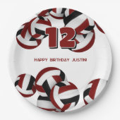 女の子の男の子マルーン黒いバレーボール誕生日パーティー ペーパープレート (正面)