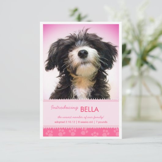 女の子の発表のための新しいペットピンクの足のプリント 案内状 (スタンド正面)