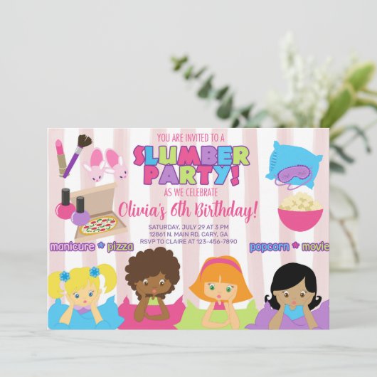 女の子の眠りパーティー誕生日の招待、招待状。 招待状 (スタンド正面)