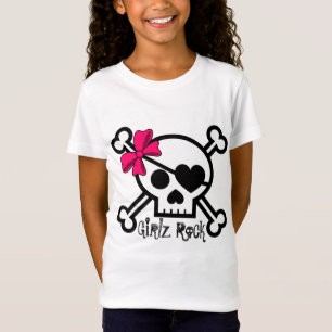 女の子の石のスカルおよびピンクの弓 Tシャツ