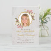 女の子の確認写真 ゴールド マーブル ピンクの蘭 招待状 (スタンド正面)