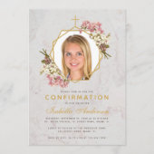 女の子の確認写真 ゴールド マーブル ピンクの蘭 招待状 (正面)