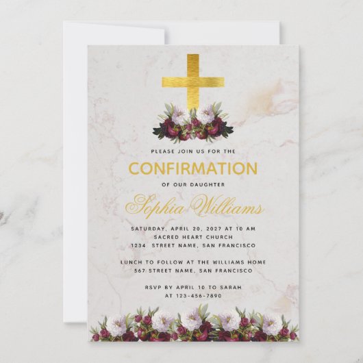 女の子の確認 ゴールド クロス バーガンディー 牡丹 マーブル 招待状 (正面)