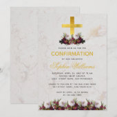 女の子の確認 ゴールド クロス バーガンディー 牡丹 マーブル 招待状 (正面/裏面)