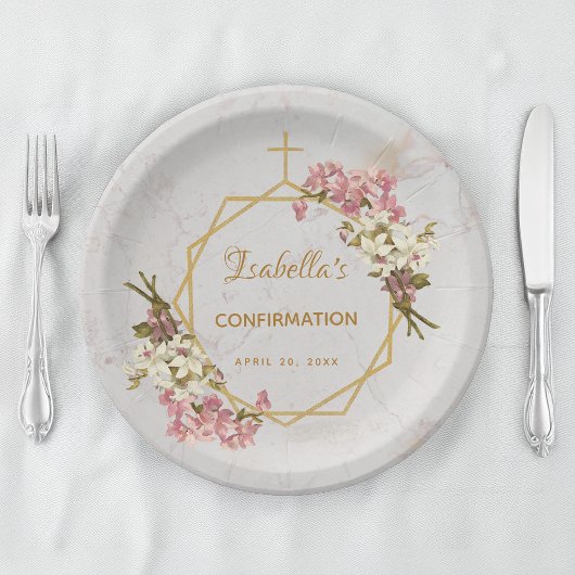 女の子の確認 フローラル ゴールド ピンク ランカスター 大理石 ペーパープレート