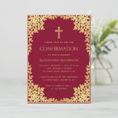 女の子の確認 ワインレッド 偽の金の葉 オーナメント 招待状 (スタンド正面)