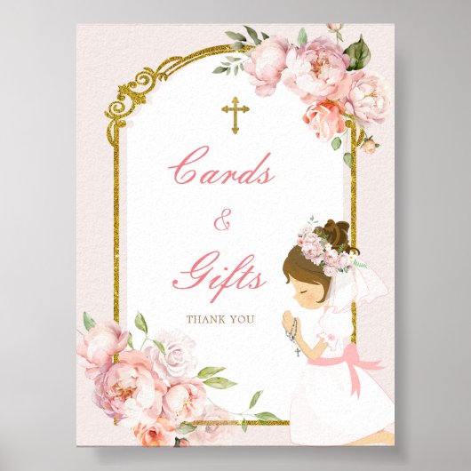 女の子の祈金ゴールド最初の聖餐式カードとギフト ポスター (正面)
