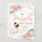 女の子の祈金ゴールド最初の聖餐式ピンクのフローラ 招待状 (正面)