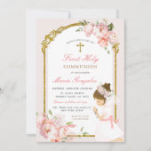 女の子の祈金ゴールド最初の聖餐式ピンクのフローラ 招待状 (正面)