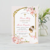 女の子の祈金ゴールド最初の聖餐式ピンクのフローラ 招待状 (スタンド正面)