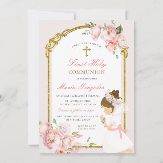 女の子の祈金ゴールド最初の聖餐式ピンクのフローラ 招待状 (正面)