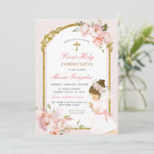 女の子の祈金ゴールド最初の聖餐式ピンクのフローラ 招待状 (スタンド正面)