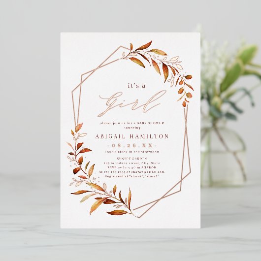 女の子の秋緑の幾何学的な赤ちゃんシャワー 箔招待状 (立ち正面)
