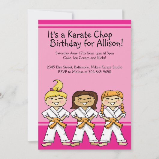 女の子の空手テーマの誕生日パーティー招待状 招待状 (正面)