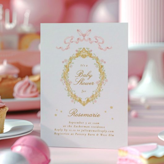 女の子の童話プリンセススターズボウピンク赤ちゃんシャワー 招待状