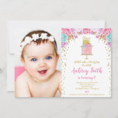 女の子の第1最初誕生日のピンクの金ゴールドのケーキの写真 招待状 (正面)