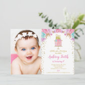 女の子の第1最初誕生日のピンクの金ゴールドのケーキの写真 招待状 (スタンド正面)