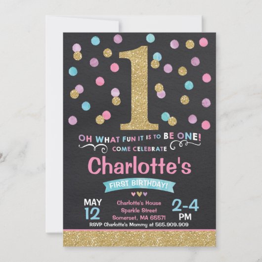 女の子の第1誕生日の招待状のピンク及び金ゴールドの紙吹雪 招待状 (正面)