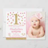 女の子の第1誕生日の招待状のピンク及び金ゴールドの紙吹雪 招待状 (正面)