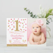 女の子の第1誕生日の招待状のピンク及び金ゴールドの紙吹雪 招待状 (スタンド正面)