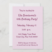 女の子の第10誕生会のピンクの服のテンプレートW1174 招待状 (裏面)