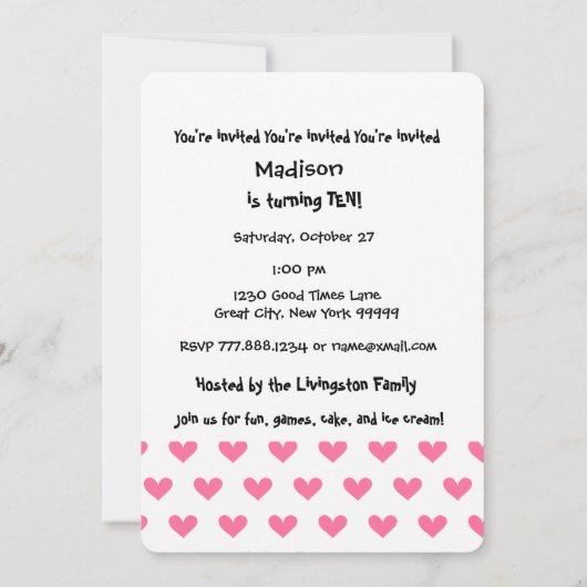 女の子の第10誕生日の名前をカスタムするのモダンなW09ハート 招待状 (裏面)