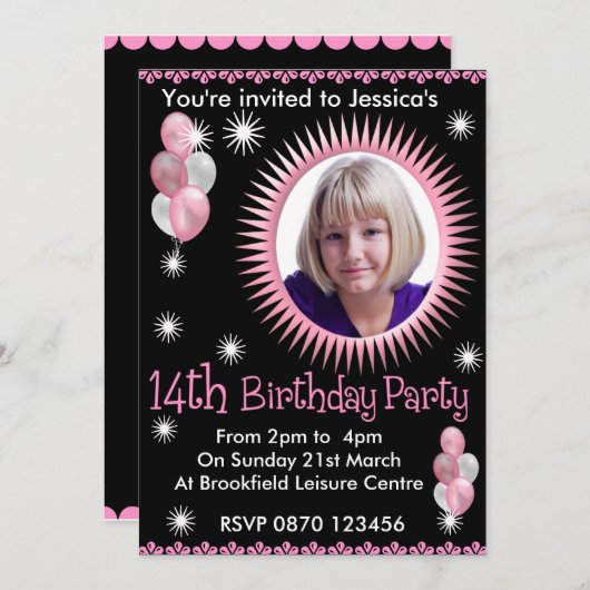 女の子の第14誕生日の写真の招待状 招待状 (正面/裏面)