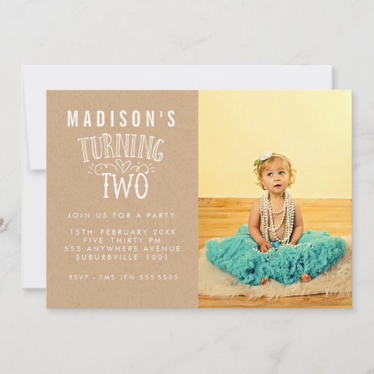 女の子の第2の誕生日パーソナライズされた番号写真 招待状 (正面)