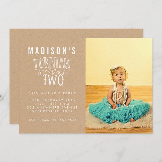 女の子の第2の誕生日パーソナライズされた番号写真 招待状 (正面/裏面)