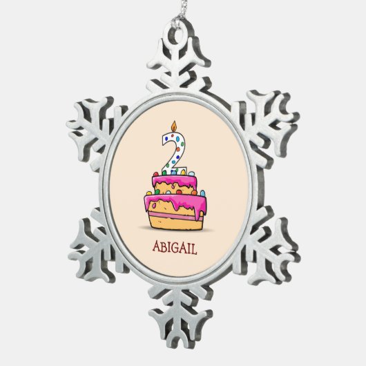 女の子の第2の誕生日、甘いピンクケーキの上の2 スノーフレークピューターオーナメント (右)