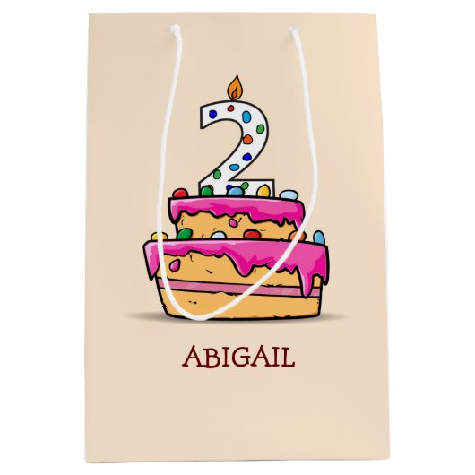 女の子の第2の誕生日、甘いピンクケーキの上の2 ミディアムペーパーバッグ (正面)