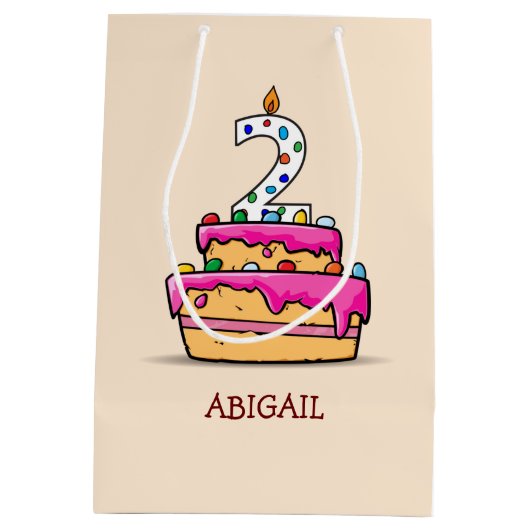 女の子の第2の誕生日、甘いピンクケーキの上の2 ミディアムペーパーバッグ (裏面)